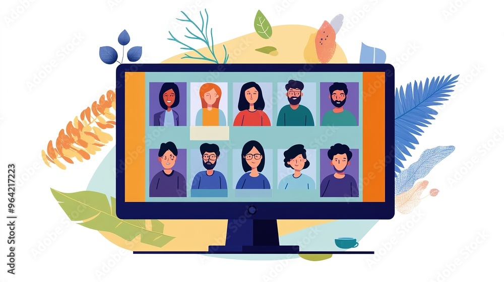 Poster a virtual classroom on a computer screen, with students and the teacher visible in a video call