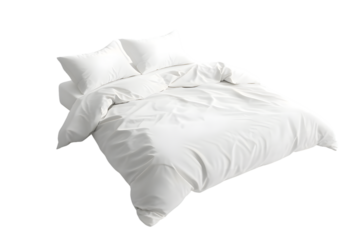 Blank white bed mock up, top view. Empty blanket and pillows mockup in bedstead isolated on transparent background
