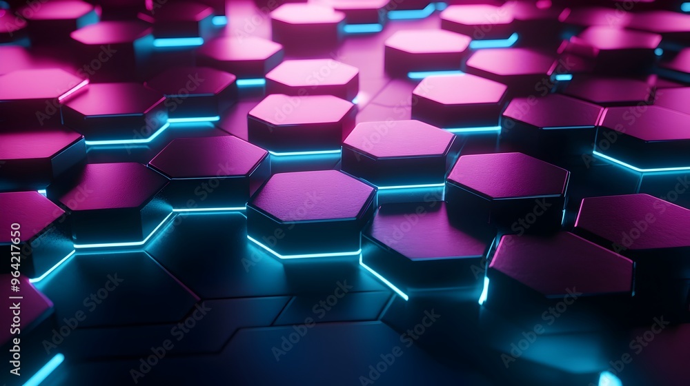 Poster luminous hexagonal grid - glowing fractal geometric abstract art