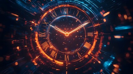 Rapidly Spinning Glowing Clock Hands with Neon Trails over Dark Backdrop,Dynamic Futuristic Time