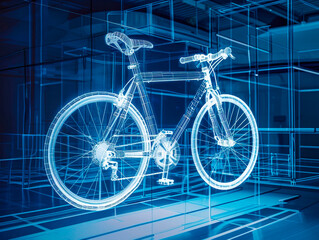 Bicycle visualization with augmented reality Transparent bicycle in studio drawing in blue colors. Advanced Industry Research and Development. Bicycle shop maintenance technical expertise.