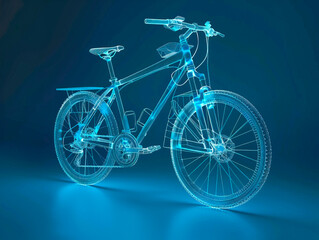 Fototapeta premium Bicycle visualization with augmented reality Transparent bicycle in studio drawing in blue colors. Advanced Industry Research and Development. Bicycle shop maintenance technical expertise.