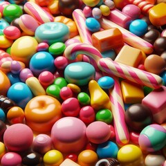 A vibrant and cheerful display of assorted colorful candies and sweets, creating a visually appealing and delightful scene. Perfect for themes related to food, celebration, and childhood nostalgia