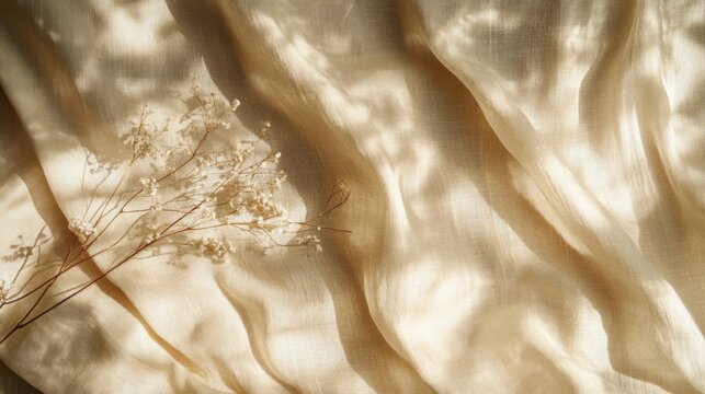Aesthetic boho wedding textile background, draped neutral beige linen fabric texture with an absrtact floral sunlight shadows