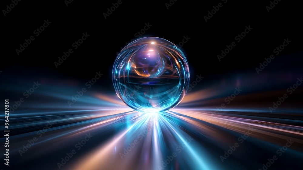 Aufkleber pulsating glowing orb with radiant light rays hovering on dark background