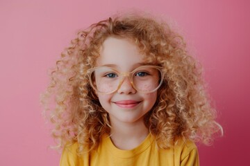 Naklejka premium A young, curly-haired child with oversized glasses beams with happiness against a rich pink background.
