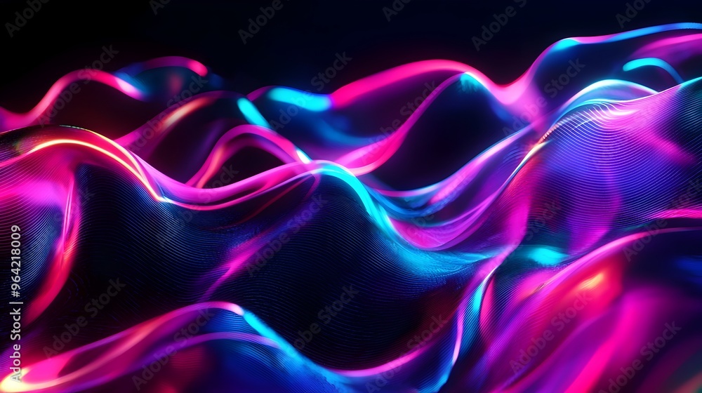 Poster glowing neon spectrum of abstract luminous waves cascading across dark background