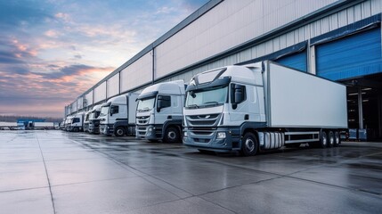 Close up fleet of trucks parked in front of warehouse to delivering factory goods