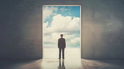 Businessman Staring at Open Doorway to Cloudy Skies - Concept of Opportunity and Hope Illustrated