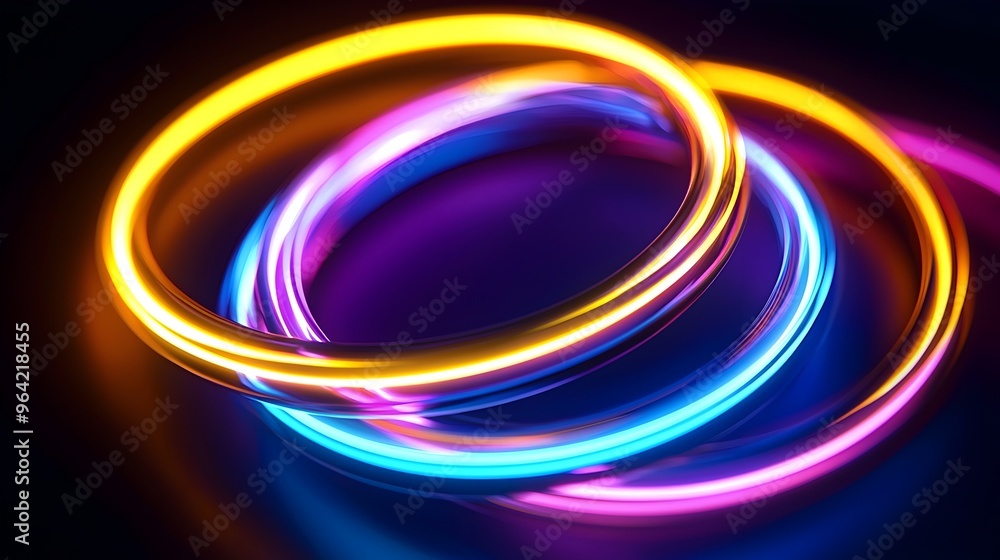 Poster mesmerizing glowing neon rings overlapping on dark backdrop creating dynamic depth and contrast