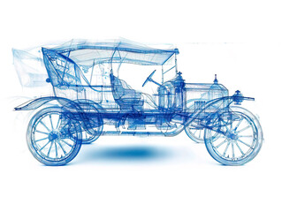 Car 1880s visualization with augmented reality Transparent car in studio drawing in blue colors, cutting edge modeling technology of visualisation