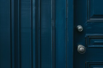 A close-up of a deep navy blue door with minimalistic design and marked by its simple yet elegant metal doorknob.