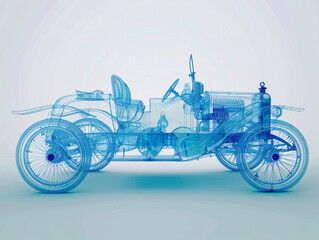 Car visualization with augmented reality Transparent car in studio drawing in blue colors, blueprint glowing neon hologram futuristic show technology security for premium product business financ