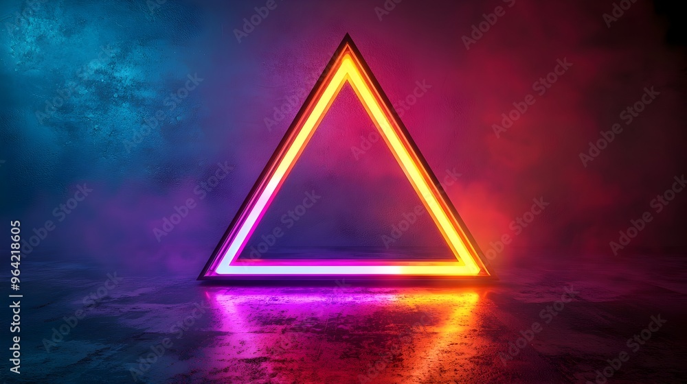 Poster glowing geometric triangle floating in minimalist dark space design concept