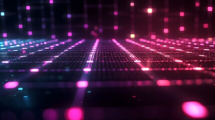Glowing Pixelated Square Grid Fading into Subtle Neon Digital Energy Concept