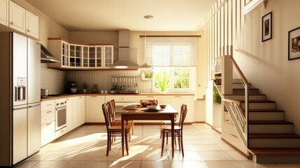 Fototapeta premium Simple kitchen with dining table in the center and stairs to the second floor. Cozy and comfortable home design. 3D illustration.