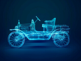 Fototapeta premium Car 1880s visualization with augmented reality Transparent car in studio drawing in blue colors, cutting edge modeling technology of visualisation