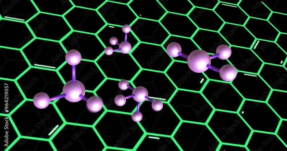 Poster molecular structures animation over glowing green hexagonal grid