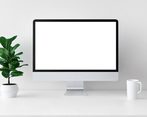 Fototapeta premium A desktop computer with a blank screen on a minimalist desk, accompanied by a plant and mug, symbolizing a clean workspace.