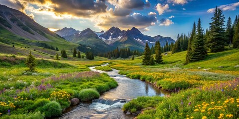 wildflower meadow mountain trail winding stream waters