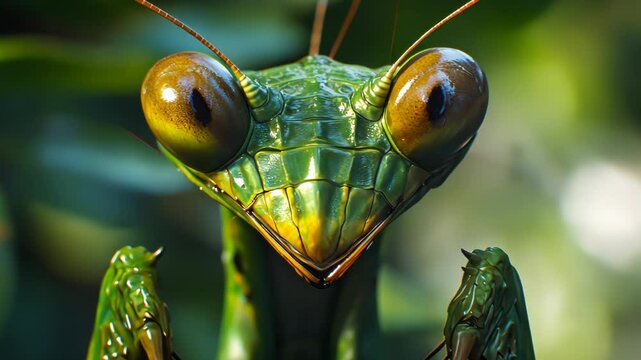 A close-up of a praying mantis with large, shiny eyes, its green body blending with the foliage.
