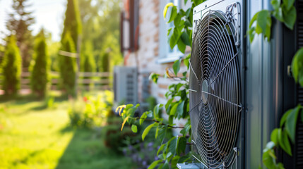 Outdoor Air Conditioning Unit in a Lush Garden on a Sunny Day