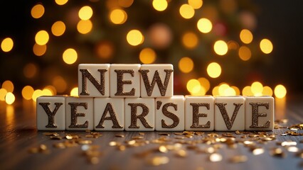 Glittery "New Year's Eve" letters with bokeh lights and confetti