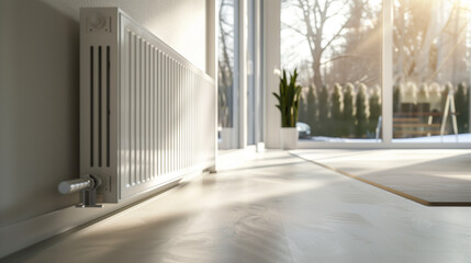 Minimalist Living Room with Radiator and Sunlight Through Windows