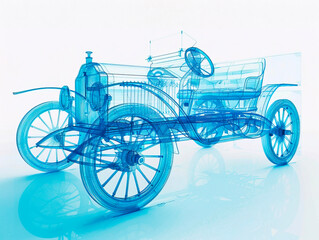 Car 1890s visualization with augmented reality Transparent car in studio drawing in blue colors blueprint glowing neon hologram futuristic show technology security for premium product business finance