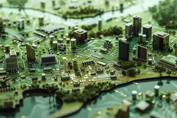 Obraz premium A miniature cityscape on a circuit board intertwines technology with urban living in a visionary depiction of futuristic architecture.