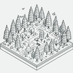 line art isometric illustration of jungle