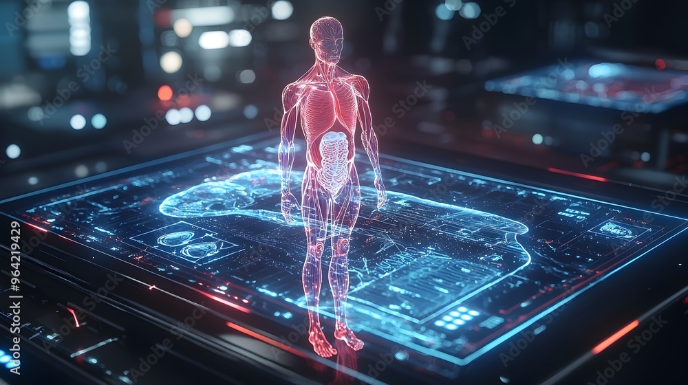 Poster holographic display of floating glowing medical technology concept on tablet screen in dark setting