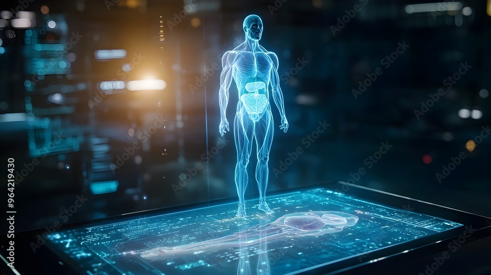 Poster futuristic holographic display of floating human organs on tablet screen in dark setting