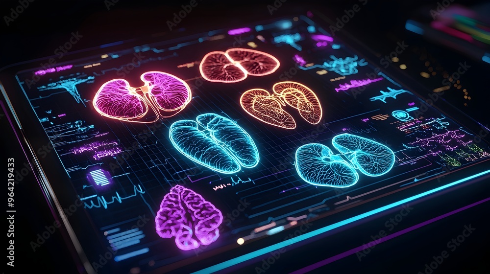 Aufkleber floating 3d hologram organs projecting on futuristic digital tablet interface