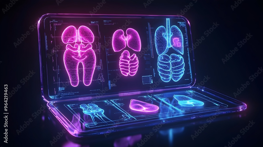 Poster futuristic floating holograms of glowing neon organs on tablet display
