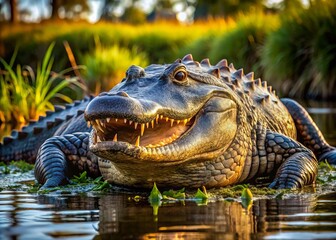 Obraz premium A hulking alligator with a thick, scaly body and puffy skin sprawls lazily in the murky swamp, its sharp teeth gleaming in the fading light.