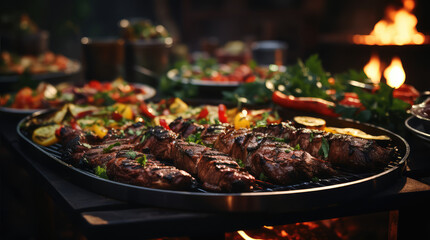 festive catering buffet grilled meat and various dishes at indoor event ai generated