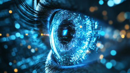 Close-up of digital eye or lens with high-tech iris and data streaming, representing surveillance and vision technology