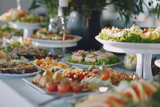 A vibrant and lavish assortment of dishes gracefully presented on a dining table, highlighting a bountiful feast set for a celebration.