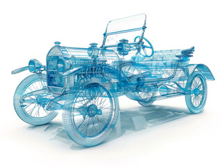 Fototapeta premium Car 1900s visualization with augmented reality Transparent car in studio drawing in blue colors blueprint glowing neon hologram futuristic show technology security for premium product business finance