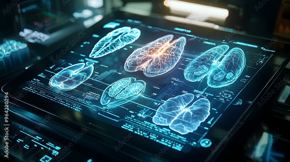 Poster futuristic tablet with rotating holographic organ displays in low-lit setting
