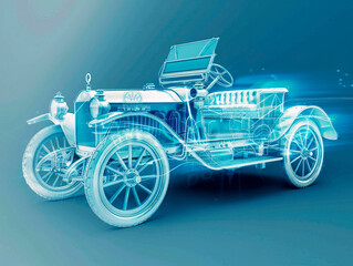 Car 1900s visualization with augmented reality Transparent car in studio drawing in blue colors blueprint glowing neon hologram futuristic show technology security for premium product business finance