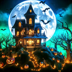 Halloween theme. Haunted house on a hill with the moon in the background surrounded by cemeteries, trees, bats, pumpkin masks with glowing eyes
