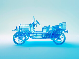 Car 1900s visualization with augmented reality Transparent car in studio drawing in blue colors blueprint glowing neon hologram futuristic show technology security for premium product business finance