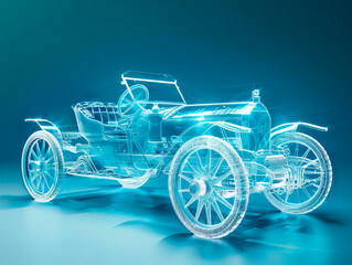 Fototapeta premium Car 1900s visualization with augmented reality Transparent car in studio drawing in blue colors blueprint glowing neon hologram futuristic show technology security for premium product business finance