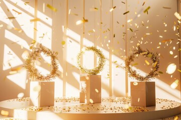 Three Christmas wreaths on pedestals with gold confetti raining down, creating a festive and celebratory holiday scene.