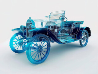 Fototapeta premium Car 1900s visualization with augmented reality Transparent car in studio drawing in blue colors blueprint glowing neon hologram futuristic show technology security for premium product business finance