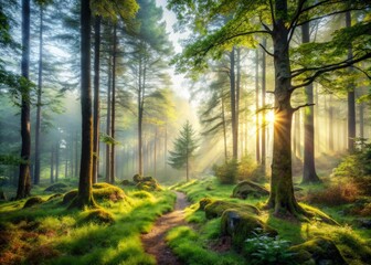 Obraz premium woodland forest wilderness trekking misty morning solitude nature escape