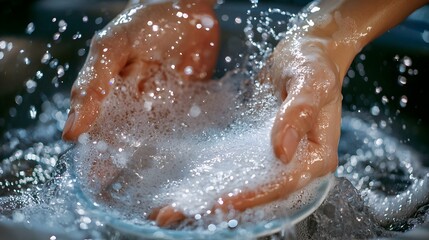 Splashing Hands Rinsing Soap from Plate in Kitchen