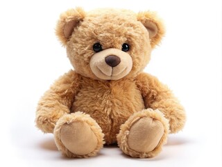 A cuddly, soft-focused teddy bear with endearing facial features and a sweet expression, sitting alone on a white background with a hint of warmth and innocence.